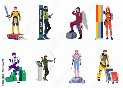 Flat design illustration set of eight diverse cosplayers in various costumes like knight, ninja, superhero, and archer at a fan convention.