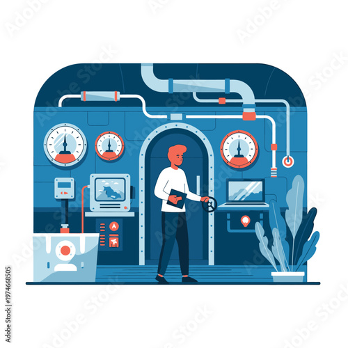 Man in control room with gauges and screens.