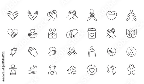 Charity and donation icons with hands giving hearts recycling symbol and caring gestures for social good and volunteering concepts.