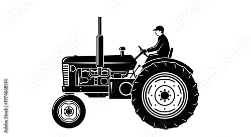Farmer driving a vintage tractor, black and white silhouette on an isolated white background.