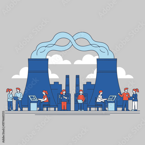 Modern Industrial Power Plant with Workers.