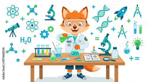 Cute Fox Scientist in Lab Coat Conducting Chemistry Experiments with Beakers and Test Tubes