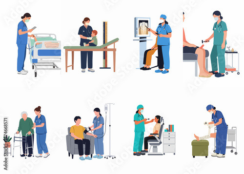Comprehensive Set of Medical Illustrations Depicting Healthcare Professionals Providing Care and Treatment to Patients in Various Clinical and Hospital Settings.