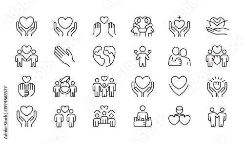 Community support line icons set including charity donation family care help love and volunteering concepts.