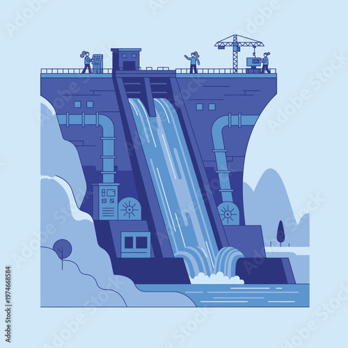 Hydroelectric Dam Construction and Operation Illustration.