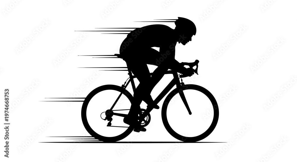 Fototapeta premium Silhouette of a male cyclist riding a racing bicycle with speed motion lines on isolated white background.