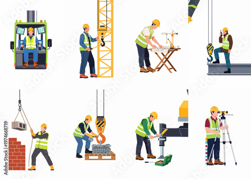 Diverse set of construction workers and engineers engaged in building site activities such as crane operation, surveying, planning, and heavy lifting.