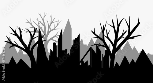 Dark silhouette of a city skyline with bare, spooky trees and buildings against a light grey background.