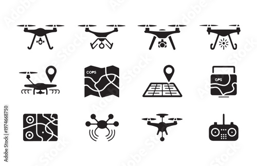 Varied black silhouette firearms including assault rifles, pistols, and rocket launchers on white background.