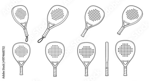 Set of padel tennis rackets in outline style showing various angles on isolated white background.