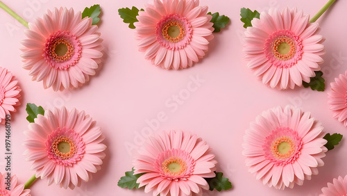 Pink gerbera daisies on soft pink background for floral decoration and design.
