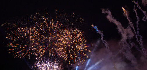 Ingelijste posters Meisjeskamer Goudkleurig vuurwerk in nachtelijke hemel  © Aliona Ryne