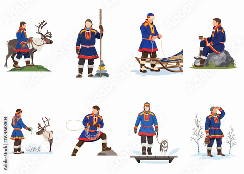 Collection of vector illustrations featuring indigenous Sami people in traditional dress with reindeer, sleds, and dogs in northern landscapes.
