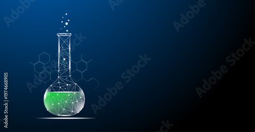 Futuristic Low Poly Chemistry Flask with Molecular Structure and Green Liquid, Digital Science Technology Concept, Laboratory Research and Biotechnology Illustration