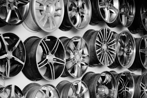 Fotografia Assortment of Car Wheels and Alloy Rims Automotive Collection and Variety