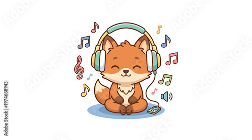Cute Fox Listening to Music with Headphones, Surrounded by Musical Notes