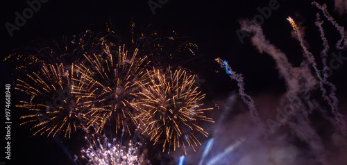 Bright golden fireworks bursting across dark night sky in festive celebration. 