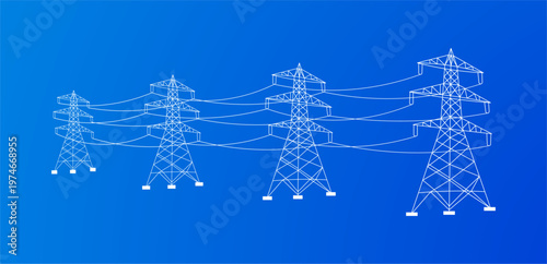 High Voltage Power Transmission Towers Line Art, Electricity Grid Infrastructure Illustration, Energy Distribution Network on Blue Background