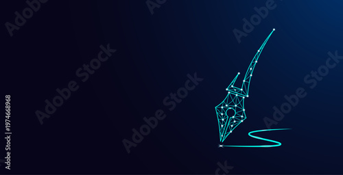 Futuristic Low Poly Fountain Pen with Glowing Network Connections, Digital Writing Technology Concept, Abstract Signature and Creativity Illustration