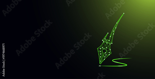 Futuristic Low Poly Fountain Pen with Green Glowing Network, Digital Signature Technology Concept, Abstract Writing and Creativity Illustration