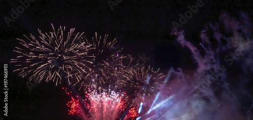 Fireworks exploding in the night sky in a vivid photographic style on a dark background, symbolizing festivity and celebration
