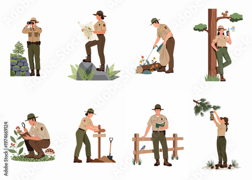 Flat illustration set of male and female park rangers performing various environmental conservation and national park management tasks.