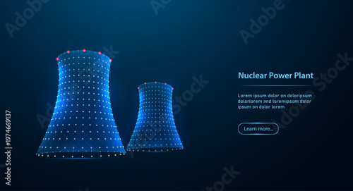 Futuristic Low Poly Nuclear Power Plant Cooling Towers, Energy Generation and Industrial Technology Concept, Abstract Energy Illustration