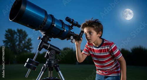 Young Boy Gazing Through Telescope at the Moon.