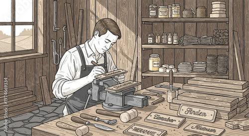 Man meticulously crafting wooden nameplates with precision tools.