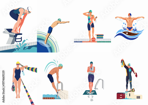 A comprehensive collection of professional swimming illustrations showing athletes diving, racing butterfly stroke, training at the pool, and celebrating victory on a podium.