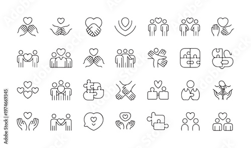 Assorted line icons symbolizing connection, community, partnership, care, support, and togetherness themes.