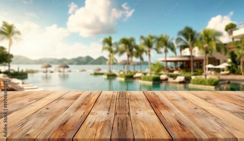 Fototapeta premium A wooden table overlooking a tropical resort pool with palm trees, thatched umbrellas, and distant mountains under a partly cloudy sky.