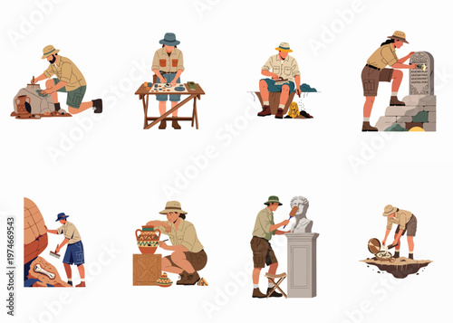 A collection of flat vector illustrations featuring diverse archaeologists excavating fossils, cleaning artifacts, and researching ancient relics at a historical dig site.