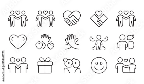 Friendship and support icons set with hearts hands and people symbols for relationship and community concept.