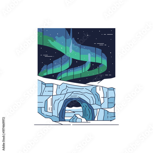 Ice Cave Entrance Underneath Northern Lights Display.