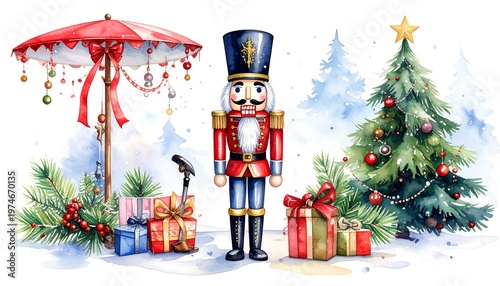 Festive nutcracker & gifts beneath a snow-dusted tree adorned with ornaments, painted in a watercolor style
