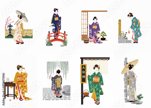 Fotografi Set of eight illustrations featuring Japanese geishas in various traditional scenes and elegant kimonos against a white background
