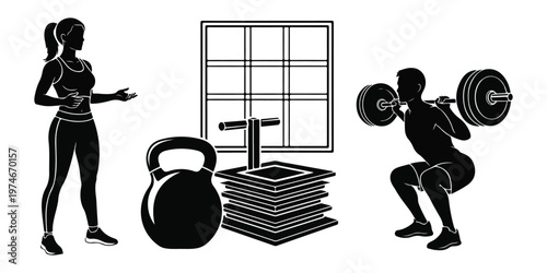Gym and fitness silhouette set with woman kettlebell and barbell weights