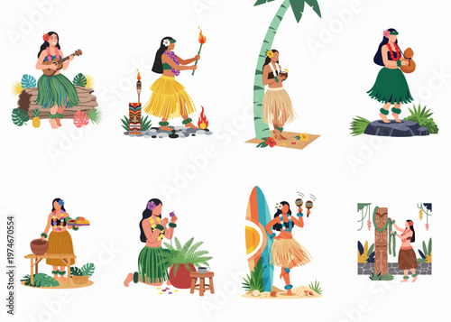 Collection of flat illustrations depicting Hawaiian women in traditional attire engaged in cultural activities like hula dancing, playing music, and enjoying island life.