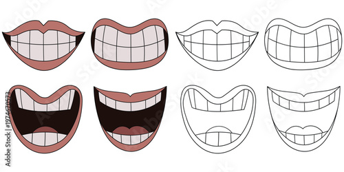 Hand-drawn cartoon and doodle set of toothy smiles on a white background.