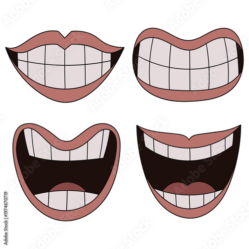 Hand-drawn cartoon set of toothy smiles on a white background.