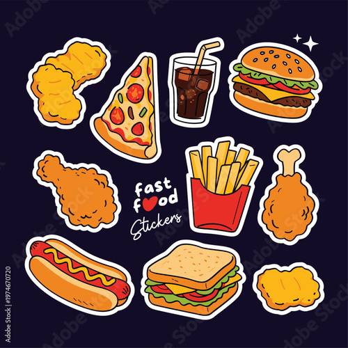Set of Hand-Drawn Fast Food Stickers