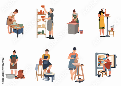 Vector illustration set of diverse pottery artists and craftspeople working in a ceramic studio, shaping clay, painting vases, and using pottery wheels and kilns.