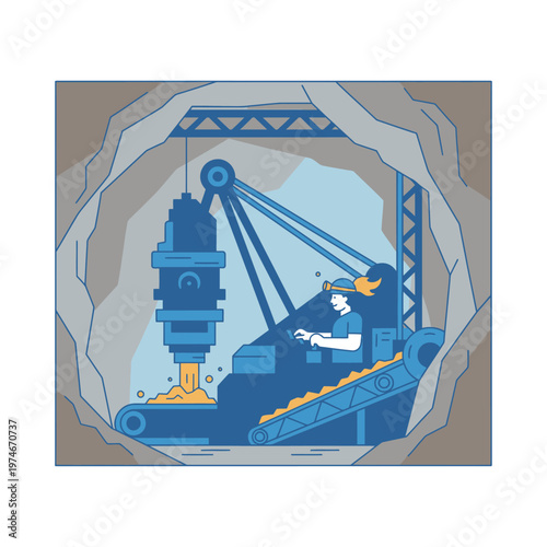 Mining machine with worker extracting minerals underground.