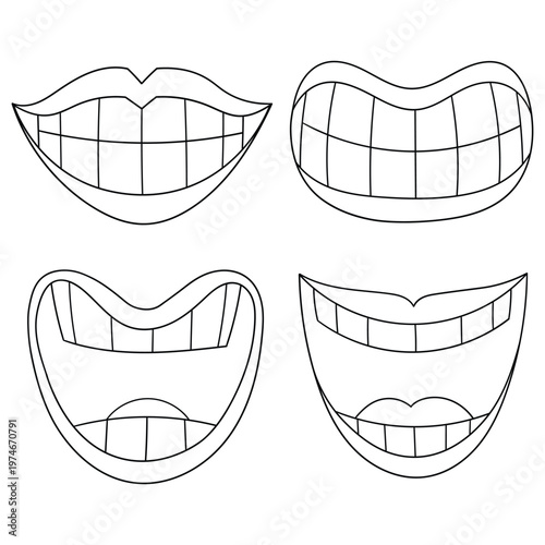 Hand-drawn doodle set of toothy smiles isolated on a white background.