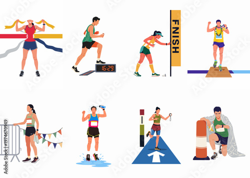Vector illustrations of diverse marathon runners in various stages of a race, featuring crossing the finish line, celebrating victory, and recovering after exhaustion.