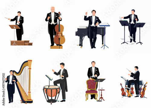 Set of flat illustrations featuring orchestra conductors and classical musicians in formal tuxedos with various instruments like cello, harp, and timpani.