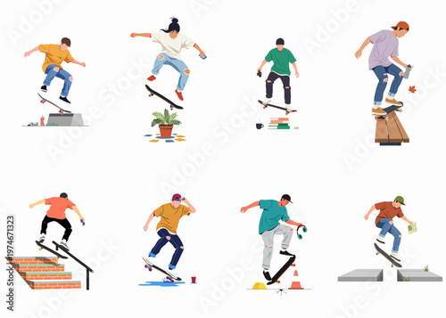 Collection of diverse skateboarders performing various tricks over urban obstacles in a minimalist flat vector illustration style isolated on a white background.