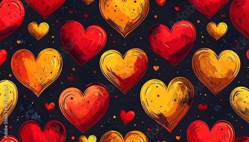 A seamless pattern featuring red and yellow hearts with a textured brushstroke effect against a dark blue background