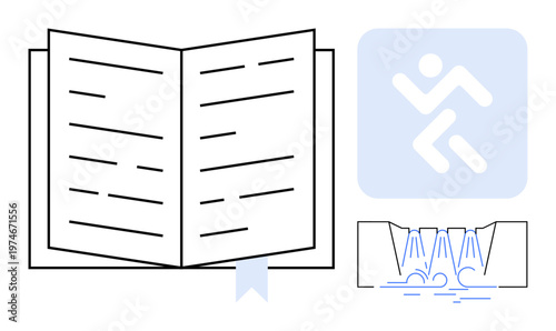 Education, safety signs, water management, knowledge sharing, navigation, graphic design concepts. Open book with a ribbon, water overflow graphic running symbol. Education and safety signs imagery